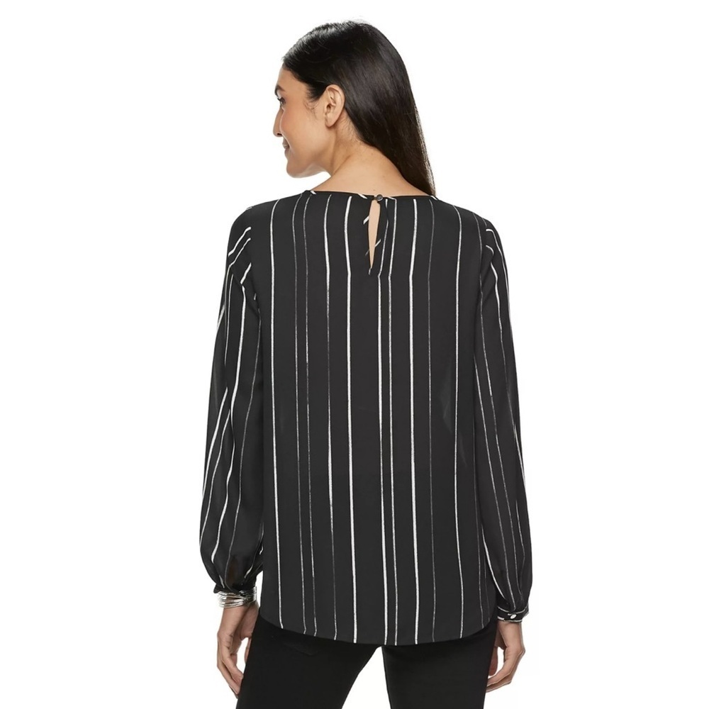 Apt. 9 Black and White Keyhole Tie Front 3/4 Sleeve Blouse Pinstripe size L - Picture 3 of 16